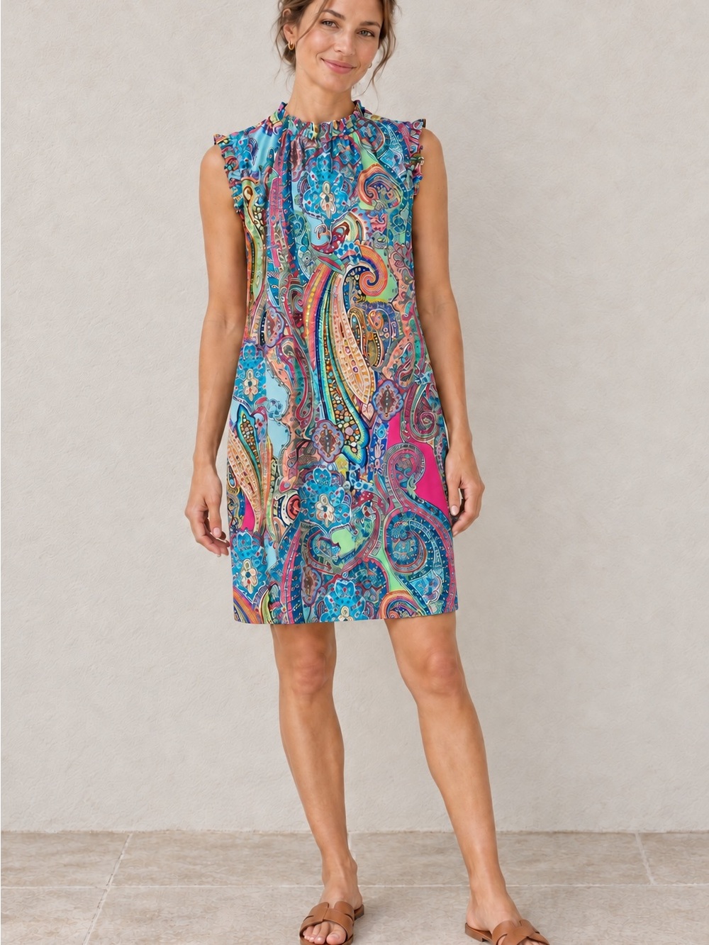 Tommy Hilfiger Paisley Ruffle Neck Sleeveless Shift Dress Size 2 Multicolor